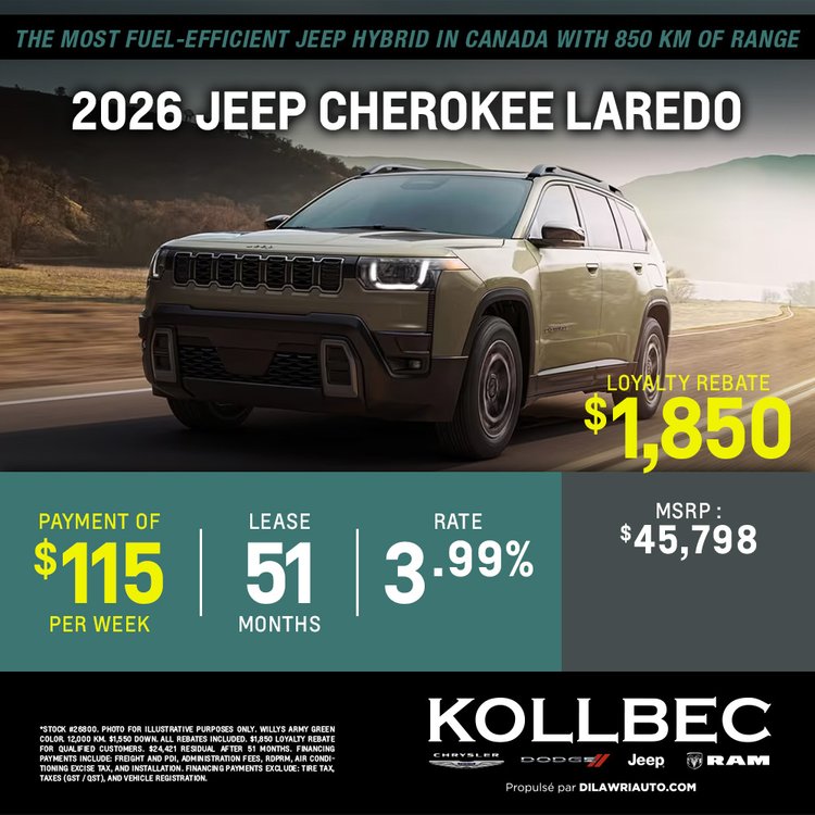 Kollbec promo juillet JEEP CHEROKEE LAREDO 2026 EN