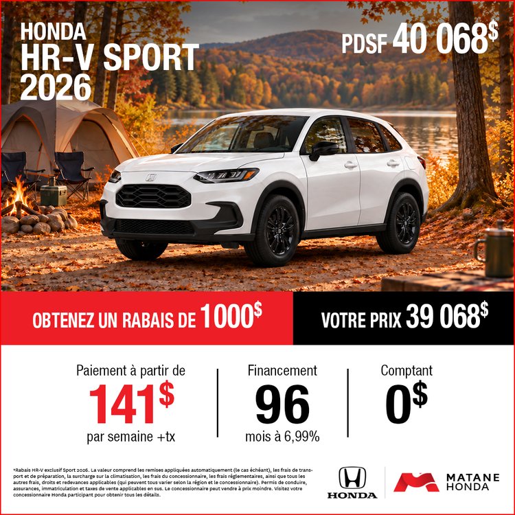 Matane honda promo septembre HR V 2026 FR