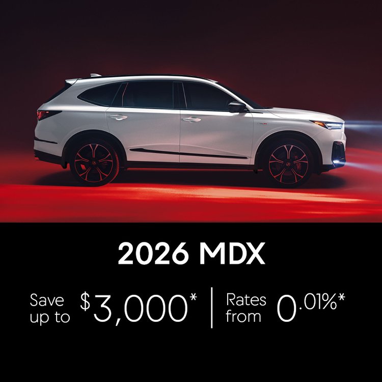 2026 Acura MDX August Offer, photo of White MDX parked.