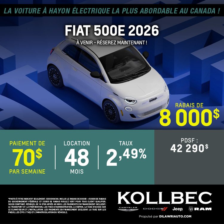Kollbec promo septembre FIAT 500E 2026 FR