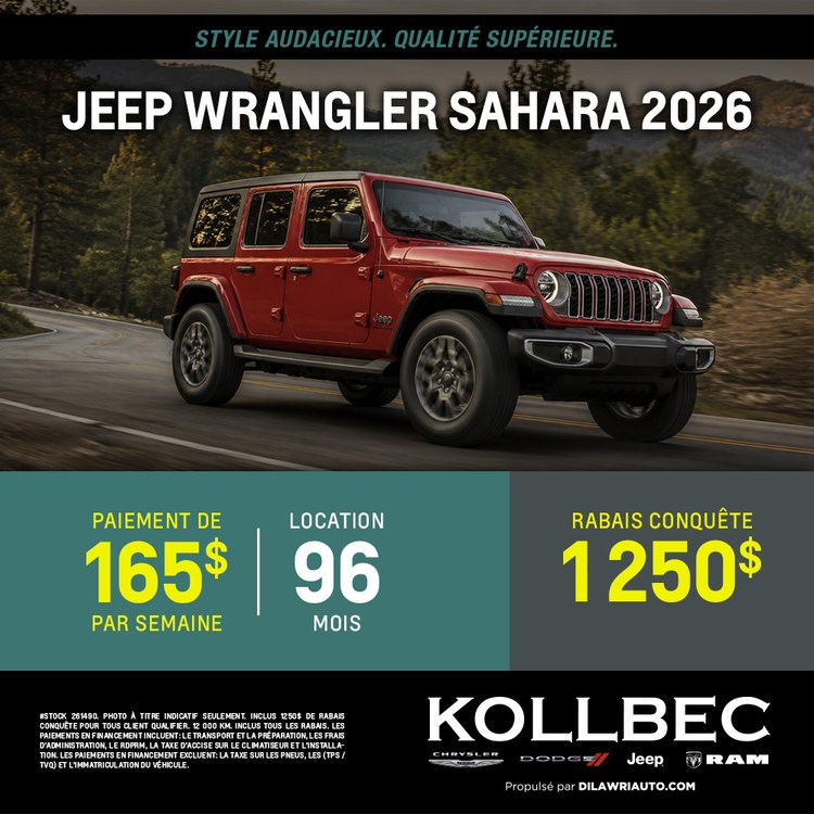 Kollbec promo septembre JEEP WRANGLER SAHARA 2026 FR