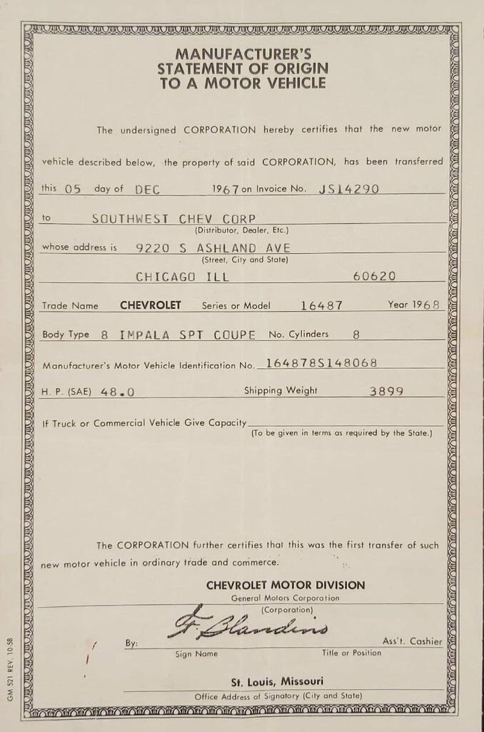 Chevrolet Impala Match N# L72 427/425 4spd 4.56gear Org Bill Of Sale | PRIX EN USD 1968 Rouge Montréal - photo #28