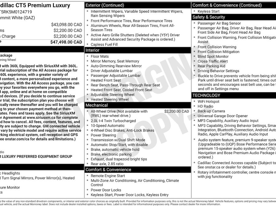 2021 Cadillac CT5 PREMIUM LUXURY AWD FINANCEMENT À PARTIR 3.99% White