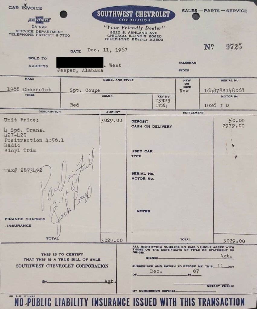 Chevrolet Impala Match N# L72 427/425 4spd 4.56gear Org Bill Of Sale | PRIX EN USD 1968 Rouge Montréal - photo #21