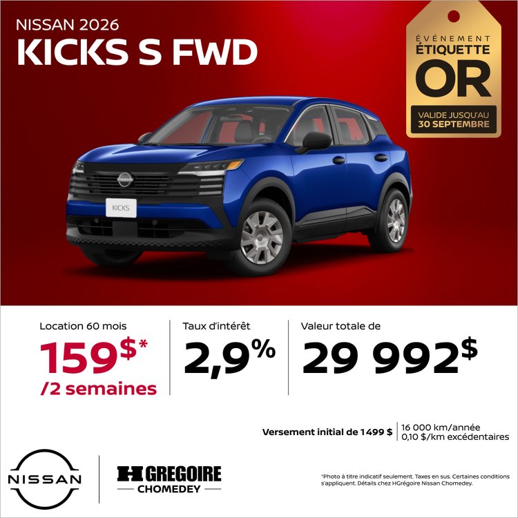 Nissan chomedey promo septembre KICKS S FR