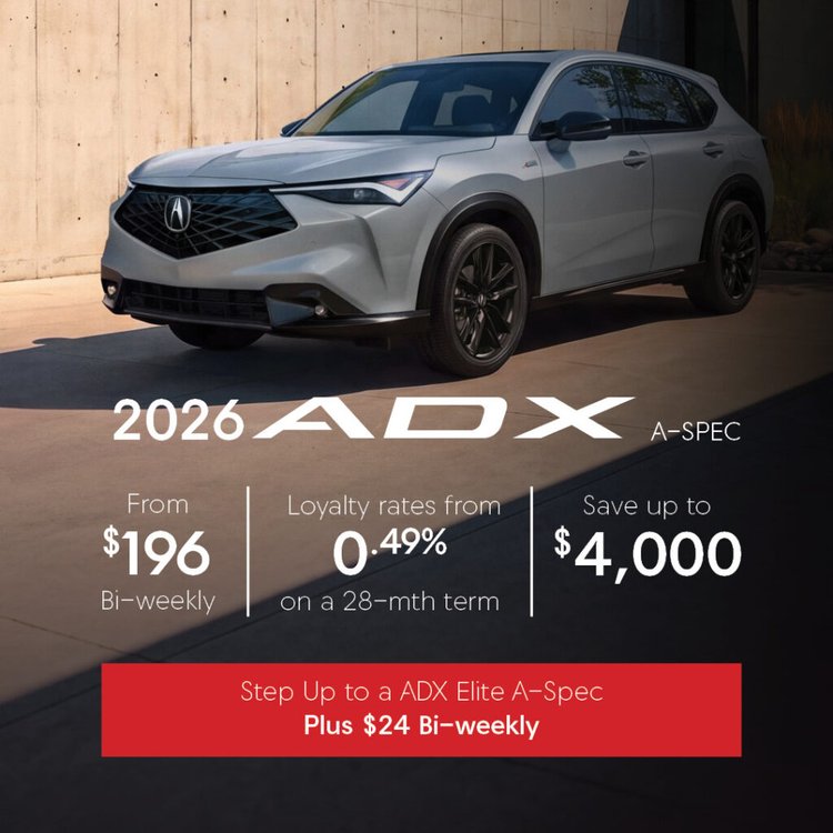 2026 Acura ADX A-Spec Step Up Sales Offer at Acura Sherway. With Silver Acura ADX parked in front of home.