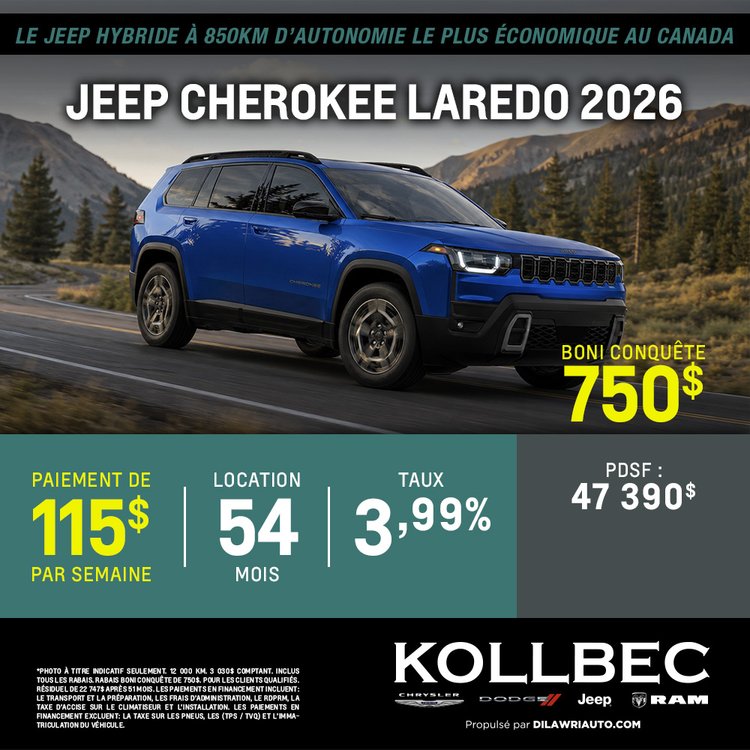 Kollbec promo septembre JEEP CHEROKEE LAREDO 2026 FR